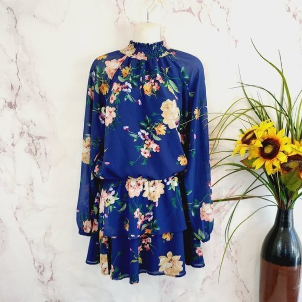 Yumi Kim Smock Neck Mini Floral Navy Dress